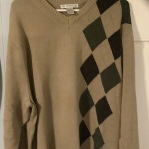 Geoffrey Beene V-Neck Golf‎ Sweater - Tan with Green and Black Argyle